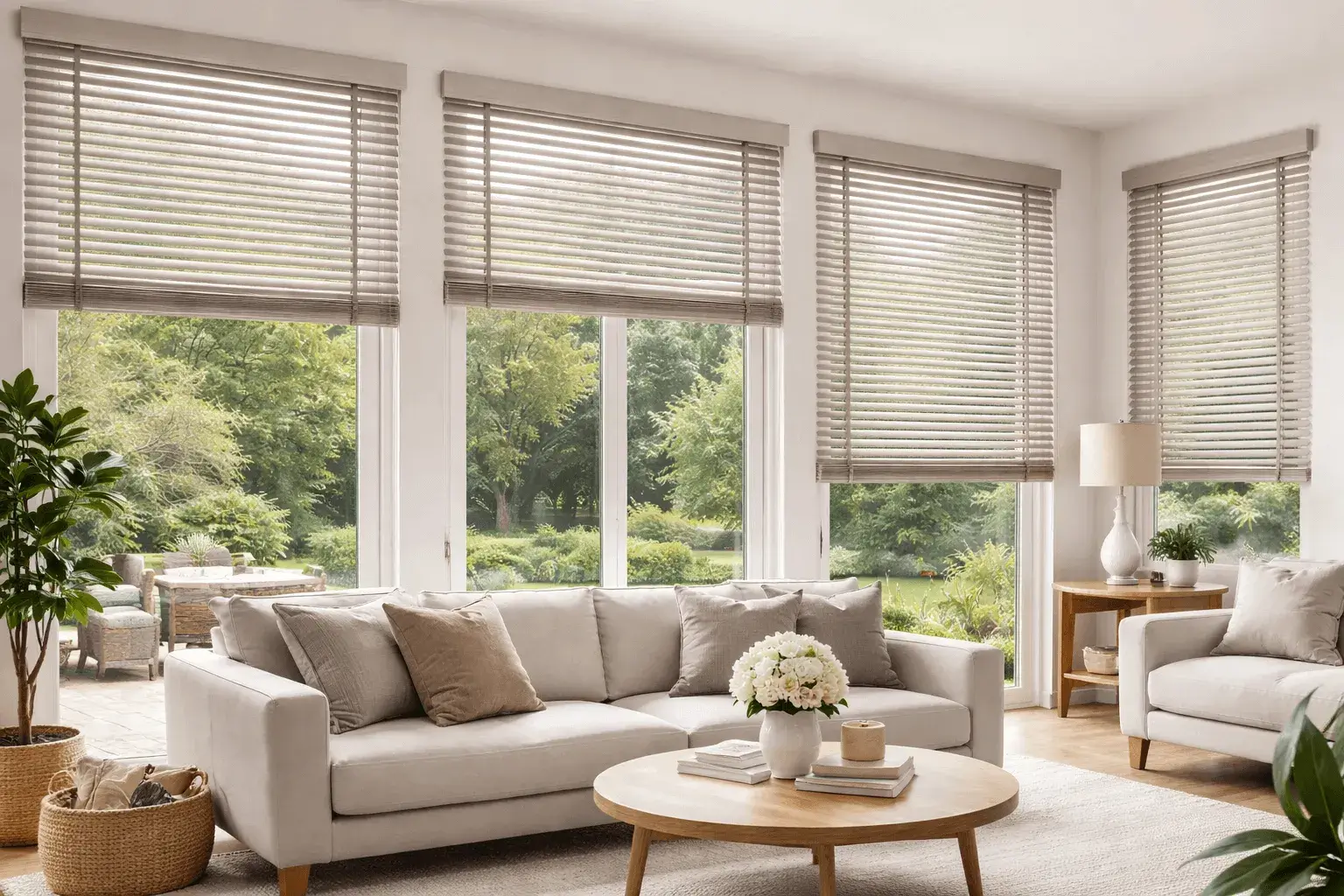 Custom blinds and shades installed in a modern residential living room